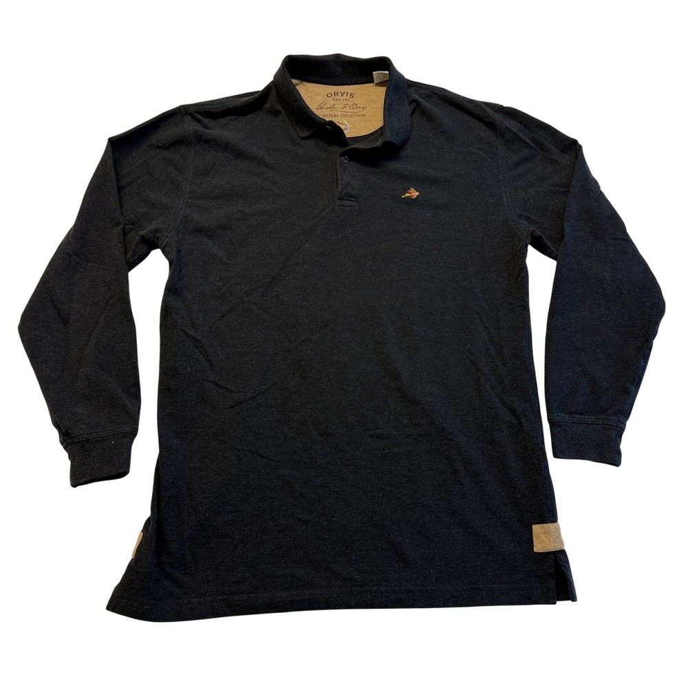 Orvis Signature Collection Mens M Gray 100% Pima Cotton Long Sleeve Polo Shirt